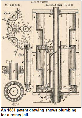 An 1881 patent drawing shows plumbing for a rotary jail.